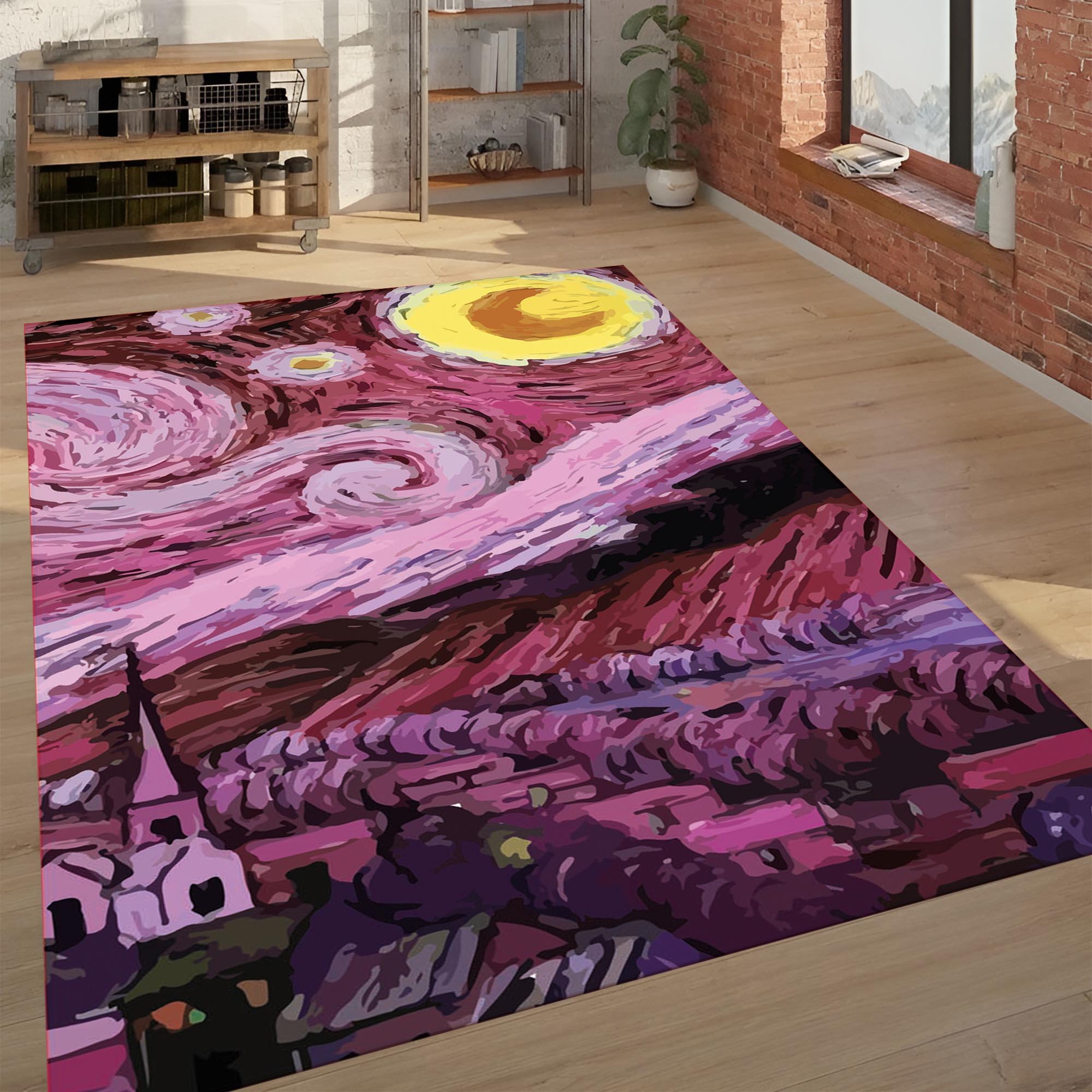 Pink Starry Night Rug – Van Gogh Inspired Art Carpet, Modern Abstract Design for Bedroom or Living Room Decor