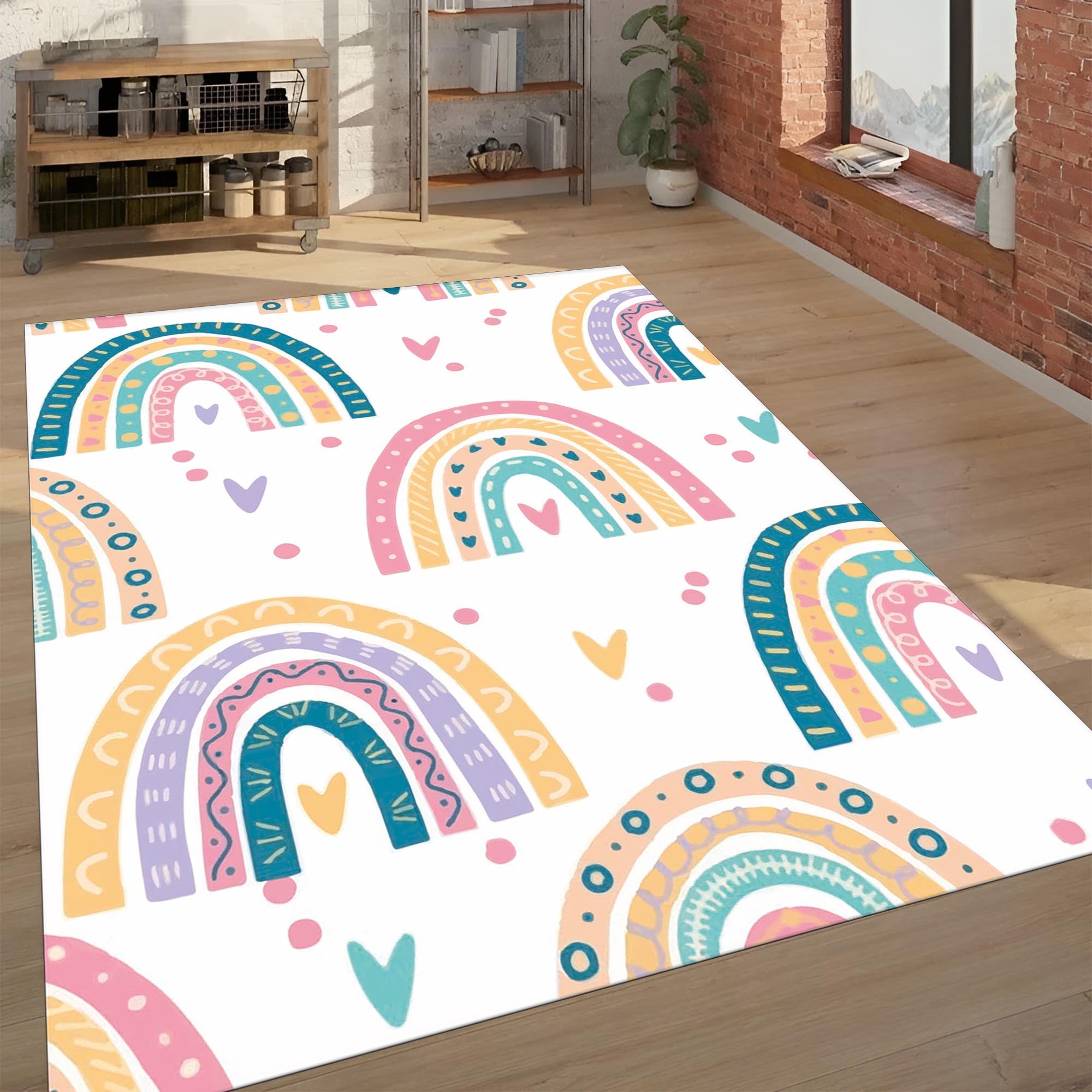 Colorful Rainbow Rug – Pastel Boho Carpet for Kids Room, Nursery, or Bedroom Decor with Cute Heart Accents