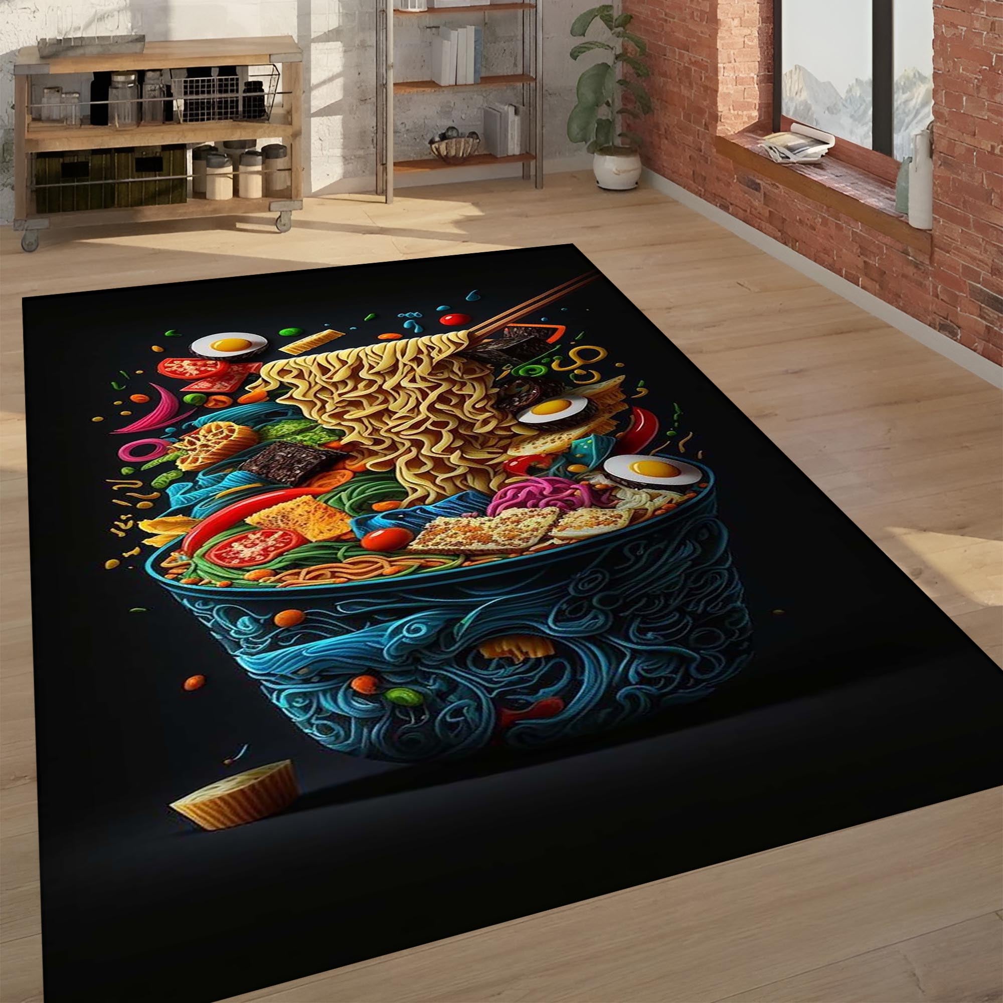 Colorful Ramen Bowl Rug – Unique Food Art Carpet for Kitchen or Dining Room, Fun Noodle Design for Food Lovers