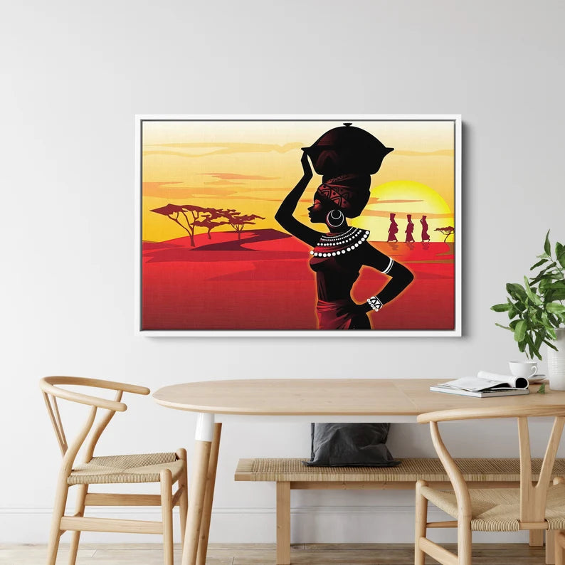 African Woman Sunset Canvas Wall Art – Tribal Culture Silhouette Poster Print for Modern Home Decor