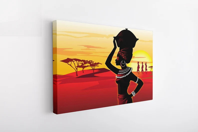 African Woman Sunset Canvas Wall Art – Tribal Culture Silhouette Poster Print for Modern Home Decor