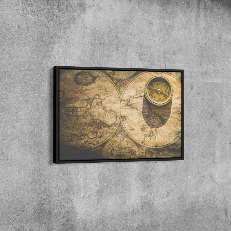 Vintage World Map Canvas Wall Art | Antique Compass & Explorer Theme Print