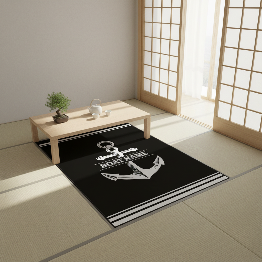 Personalized Anchor Rug – Custom Boat Name Nautical Area Rug, Black and White Maritime Decor
