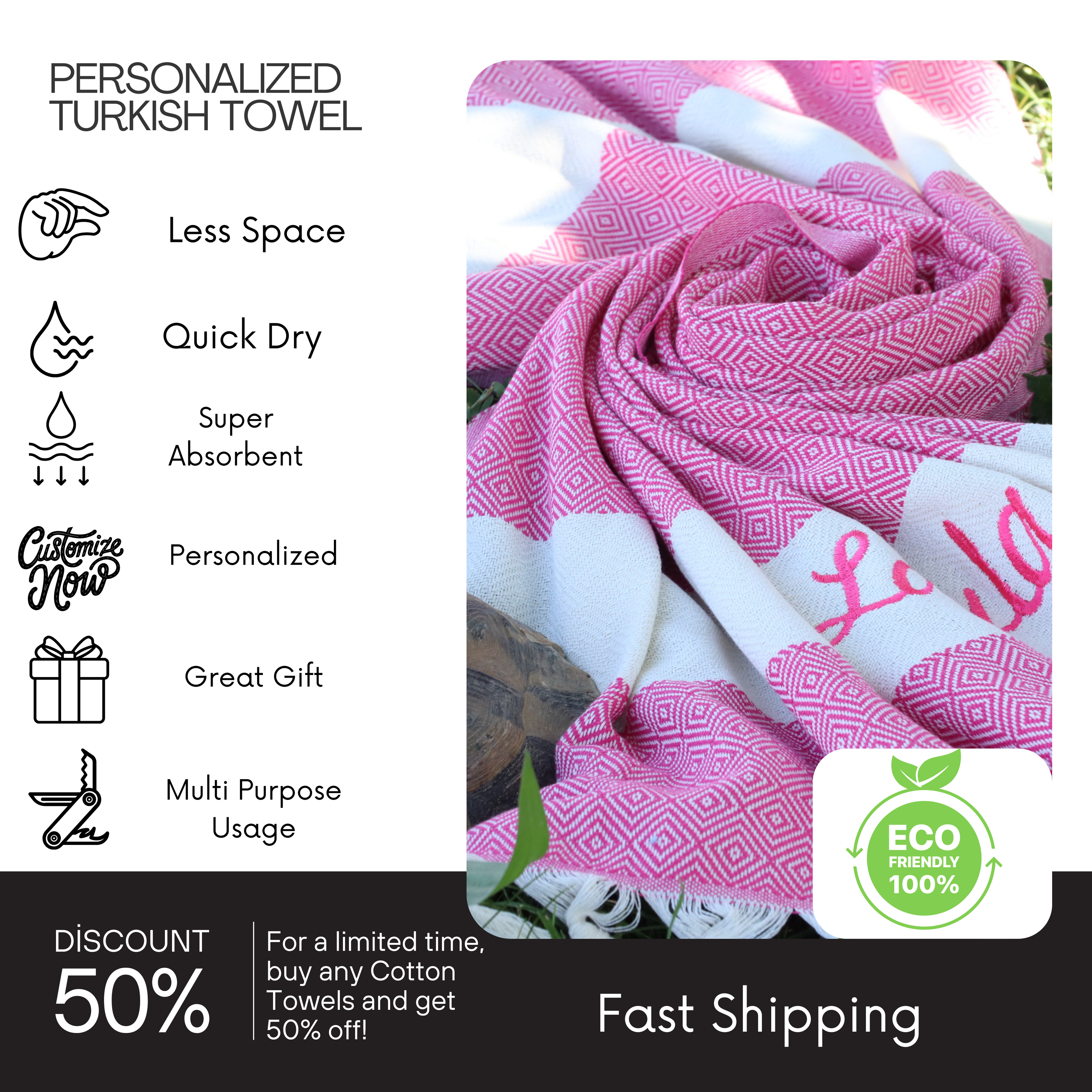 Custom Name Turkish Towels – Personalized Gift for Her, Bridesmaid or Bachelorette Party Favor