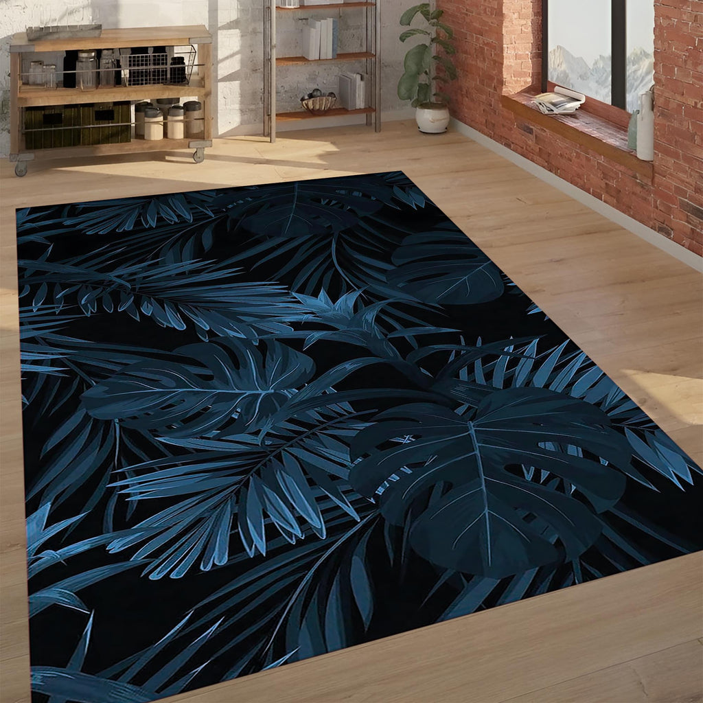 Dark Tropical Leaves Rug – Modern Black Botanical Area Carpet