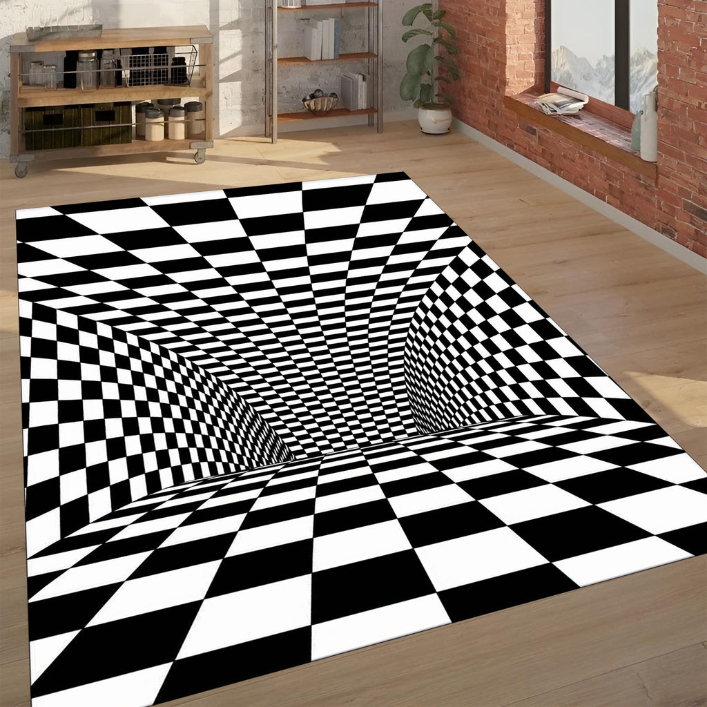 3D Illusion Rug – Black and White Checkered Tunnel Carpet, Optical Illusion Floor Mat for Living Room & Modern Home Decor