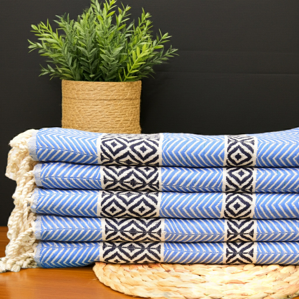 Blue Turkish Towel – Handmade Cotton Bath & Spa Towel with Black Diamond Design, Personalized Gift for Her, Bridesmaid Gift, Luxury Home Decor Accent