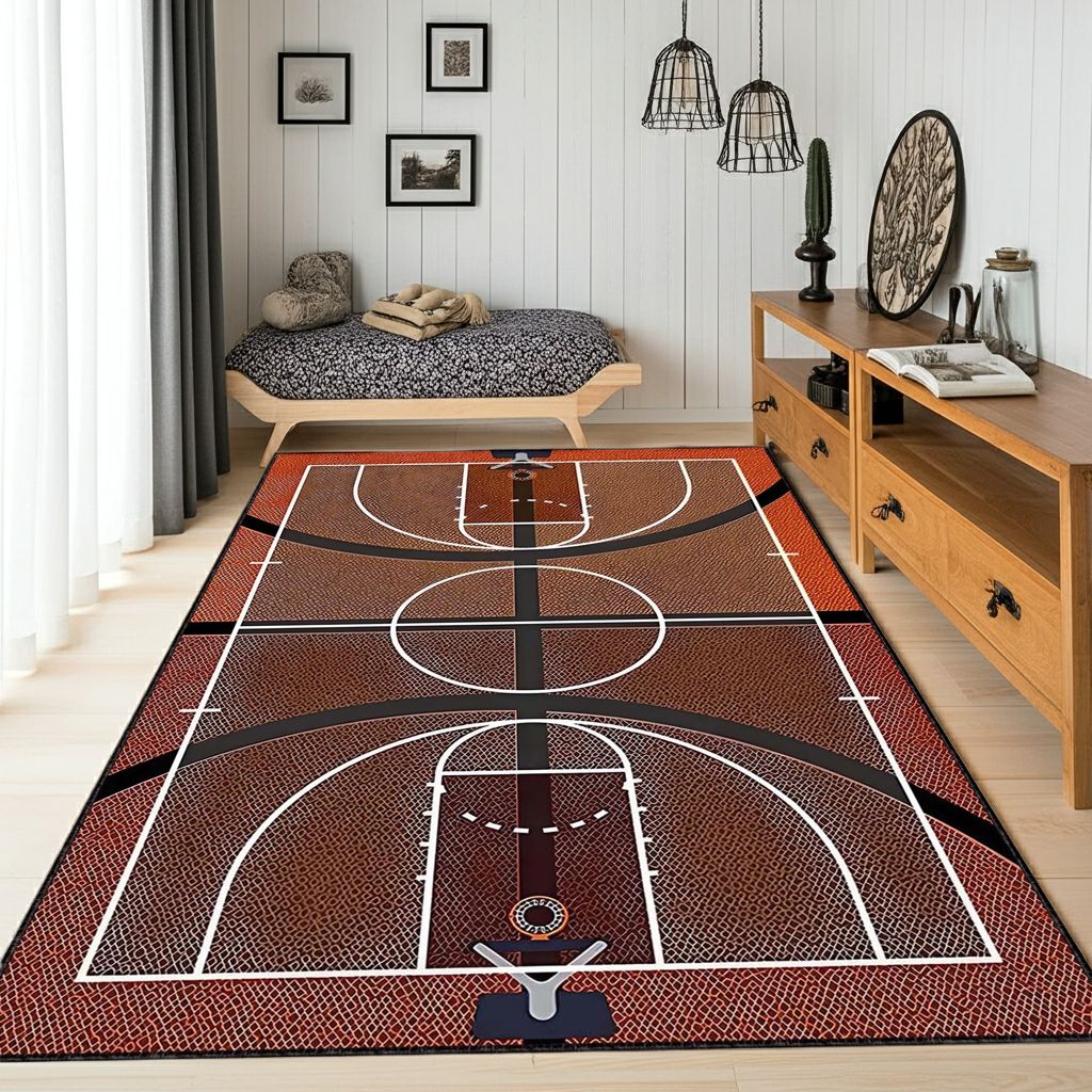 Basketball Court Area Rug | NBA Theme Sports Fan Floor Mat | Hardwood Design Carpet