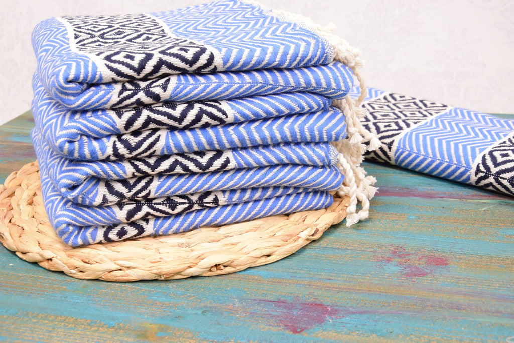 Blue Turkish Towel – Handmade Cotton Bath & Spa Towel with Black Diamond Design, Personalized Gift for Her, Bridesmaid Gift, Luxury Home Decor Accent