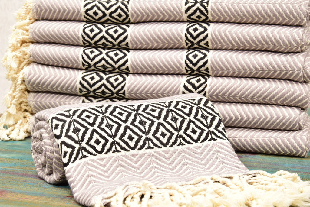 Boho Turkish Towel – Black & Beige Diamond Pattern Cotton Towel, Personalized Gift for Her, Spa or Bridesmaid Gift, Handmade Home Decor Accent