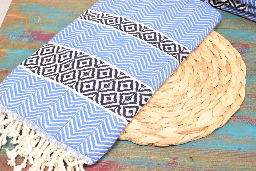 Blue Turkish Towel – Handmade Cotton Bath & Spa Towel with Black Diamond Design, Personalized Gift for Her, Bridesmaid Gift, Luxury Home Decor Accent