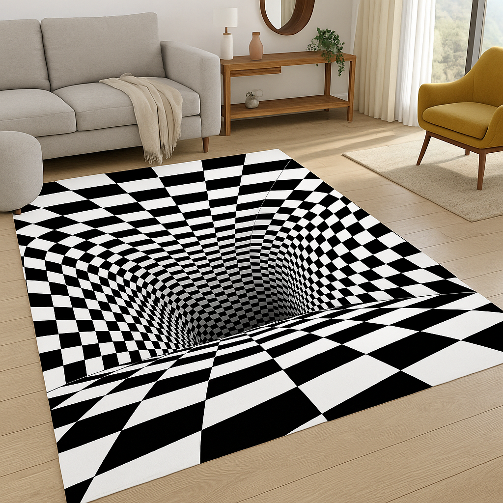 3D Illusion Rug – Black and White Checkered Tunnel Carpet, Optical Illusion Floor Mat for Living Room & Modern Home Decor