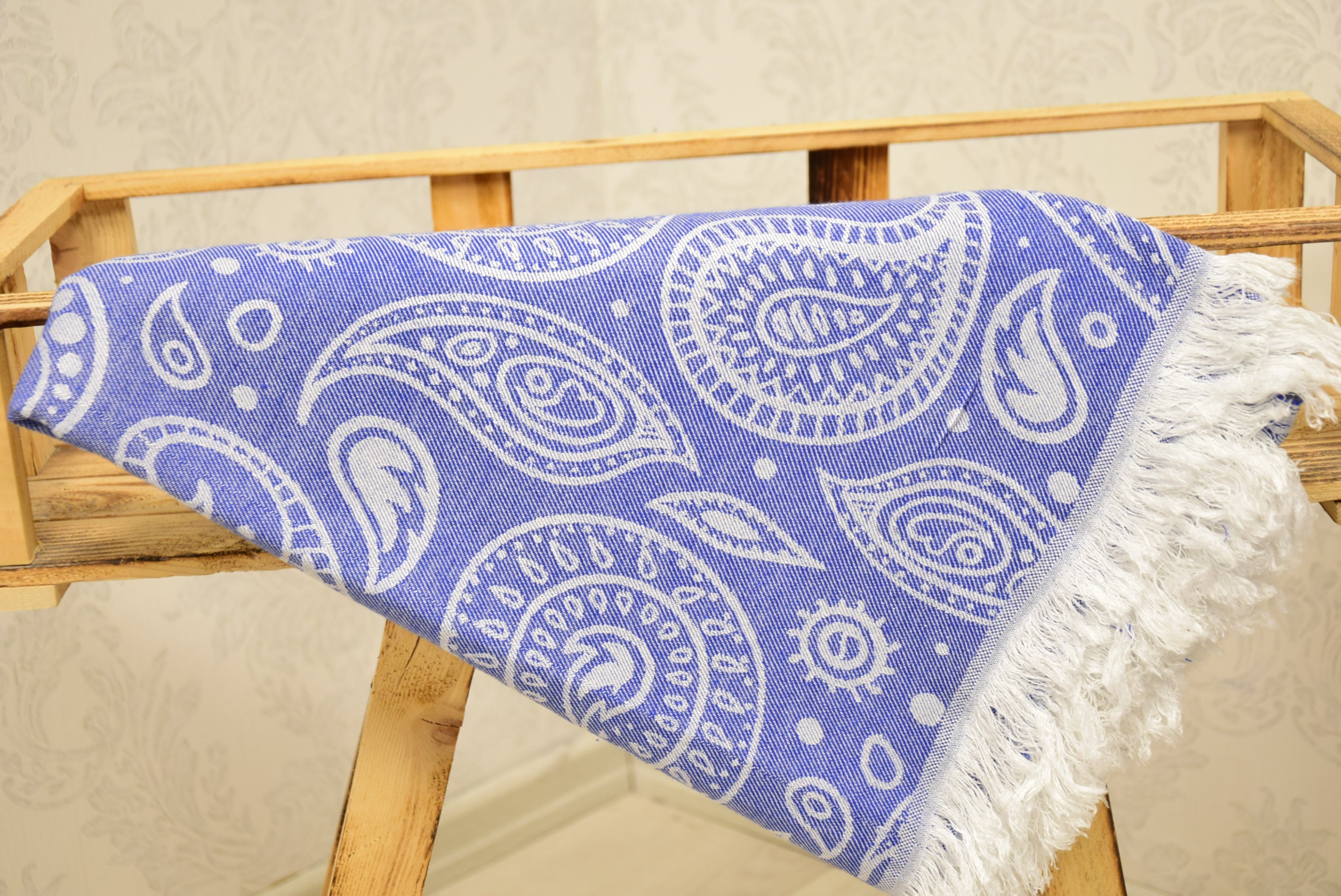 Blue Paisley Turkish Towel – Soft Cotton Peshtemal, Lightweight Spa & Travel Towel, Personalized Gift for Her”