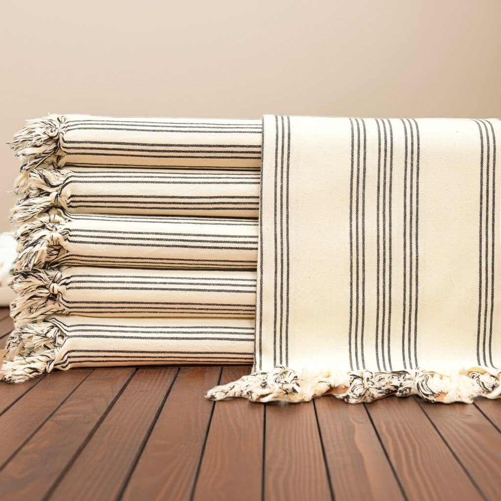 Black Striped Turkish Towel – Personalized Gift, Natural Cotton Peshtemal, Farmhouse Style Spa & Guest Towel