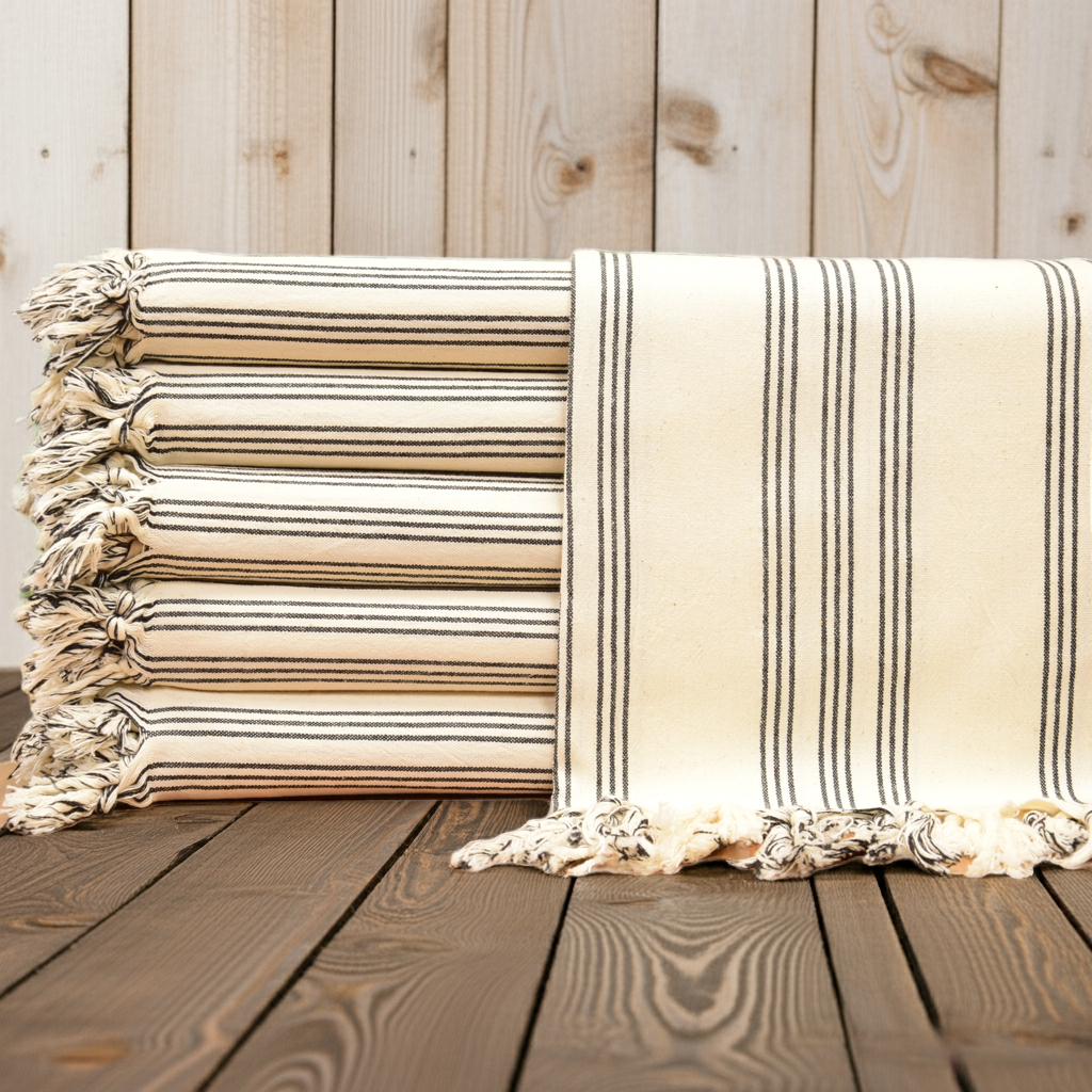 Black Striped Turkish Towel – Personalized Gift, Natural Cotton Peshtemal, Farmhouse Style Spa & Guest Towel