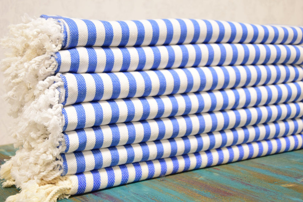 Classic Blue Striped Turkish Towel – Personalized Embroidered Gift for Her, Bridesmaid or Bachelorette Party Favor, Handmade Cotton Bath & Spa Towel