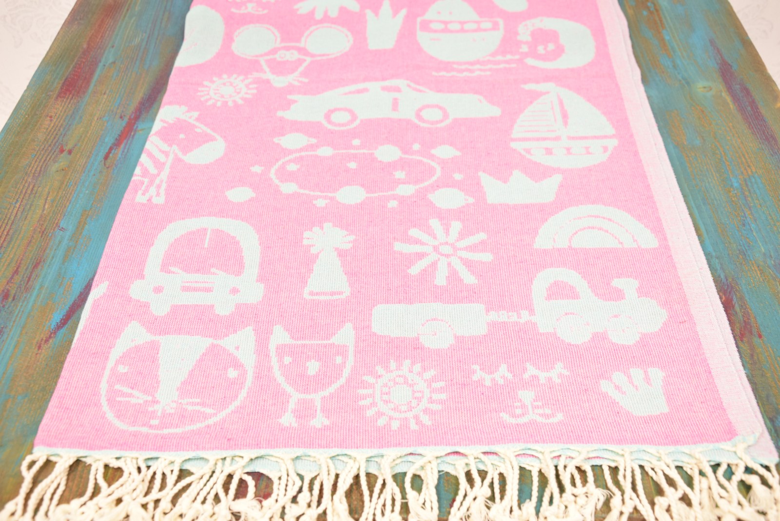 Pink Kids Turkish Towel – Cute Animal & Car Pattern, Personalized Gift for Children, Soft Cotton Bath or Beach Towel, Custom Embroidered Baby Gift