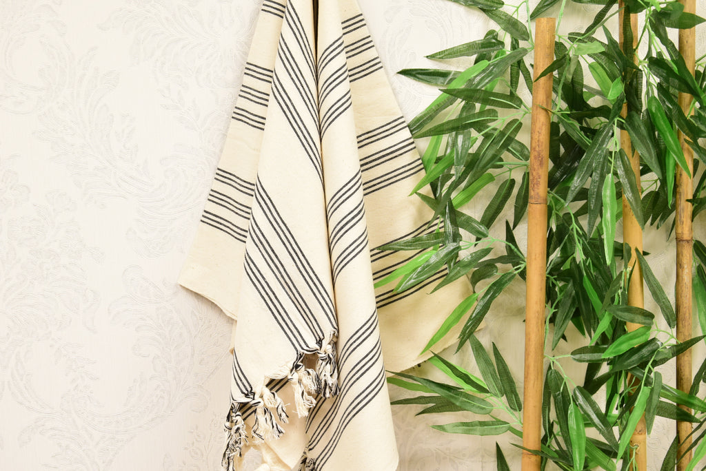 Black Striped Turkish Towel – Personalized Gift, Natural Cotton Peshtemal, Farmhouse Style Spa & Guest Towel